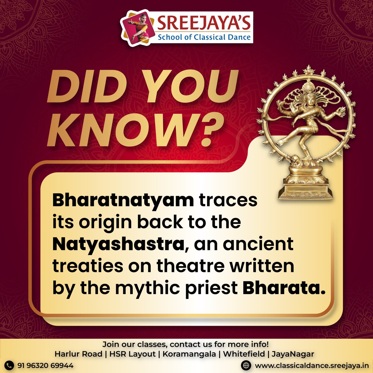 DID YOU KNOW?

Learn #Bharatanatyam from #SSCD 
#Indianclassical #danceclasses #Bangalore #DanceAcademy #DanceLessons #Dance #bharathanatyamdancer #bharatnatyamlove #bharatnatyamfacts #didyouknow #aboutbhartantyam #bharatnatyaminformation  #natyashastra #bharatnatyamorigin