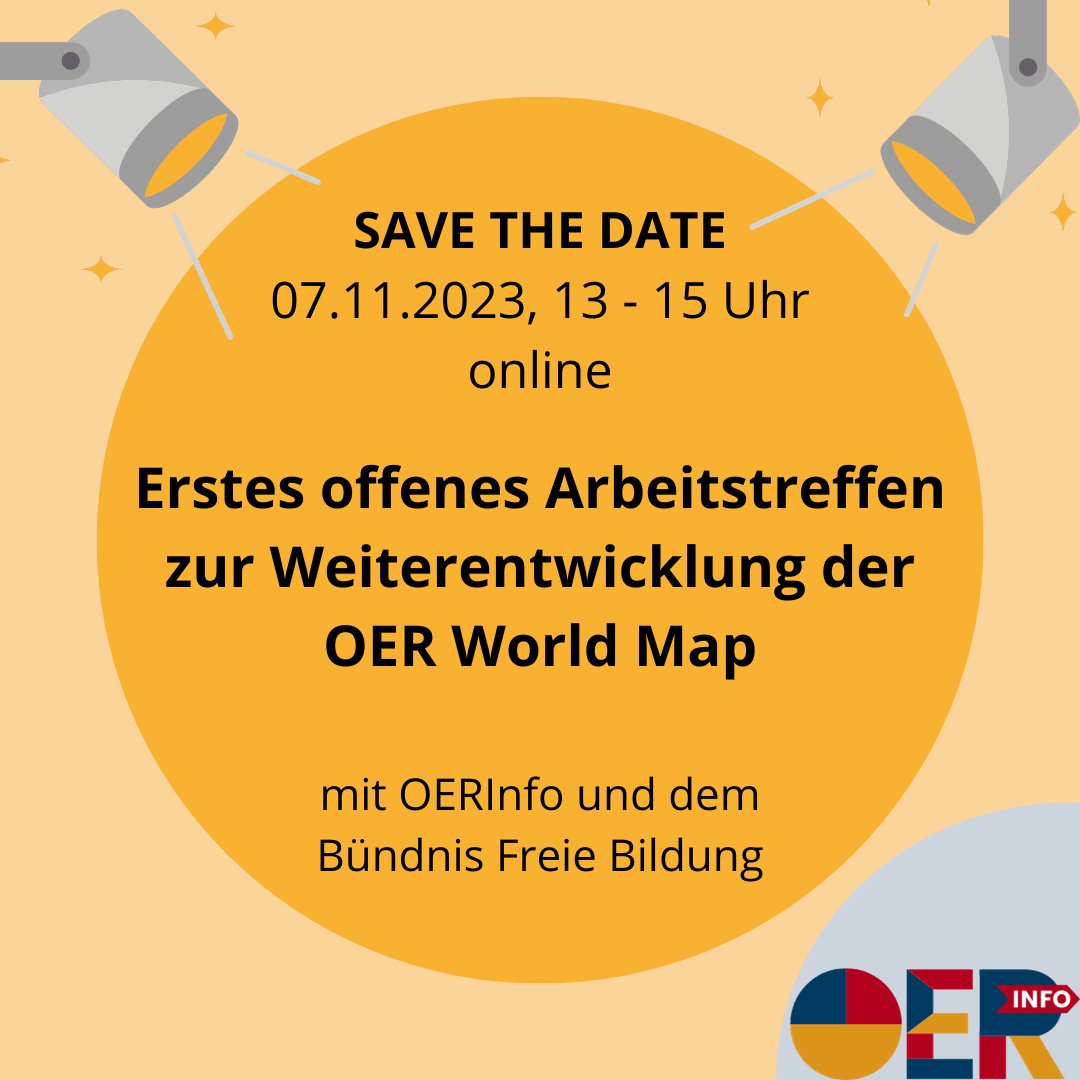 ❗️Reminder:
Am 07.11.23  findet von 13-15 Uhr das 1. offene Arbeitstreffen zur Weiterentwicklung der OER World Map🌍 statt!

Zur besseren Planbarkeit die Bitte um Anmeldung per Mail an oerinfo@dipf.de

#OER #OERde #OpenEducationalResources #OERWorldMap #freieBildung