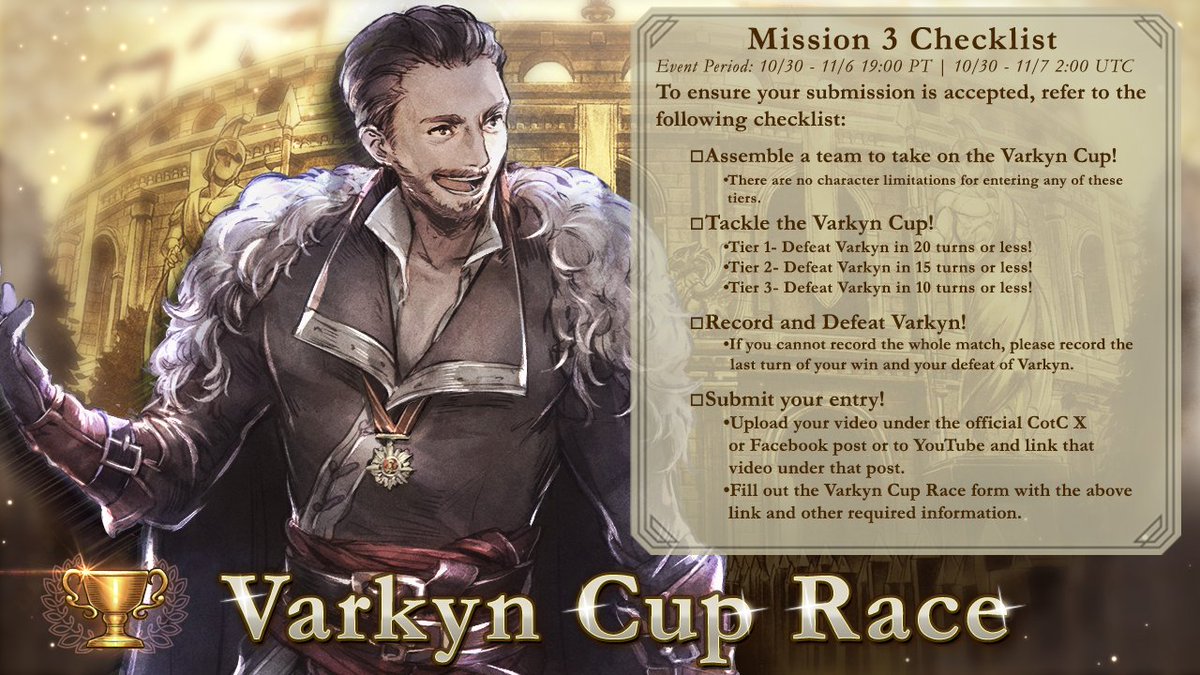 ⚔The Varkyn Cup Race Begins!⚔
Best the brilliant tactician in the Varkyn Cup Race!
✍Event Period: 10/30 10:00 UTC - 11/7 2:00 UTC

Submit your video entry as a reply to this post, and be sure to fill out the Varkyn Cup Race Form!
forms.gle/9cAAPjqB7RR5p8…

#OCTOPATHCotC
