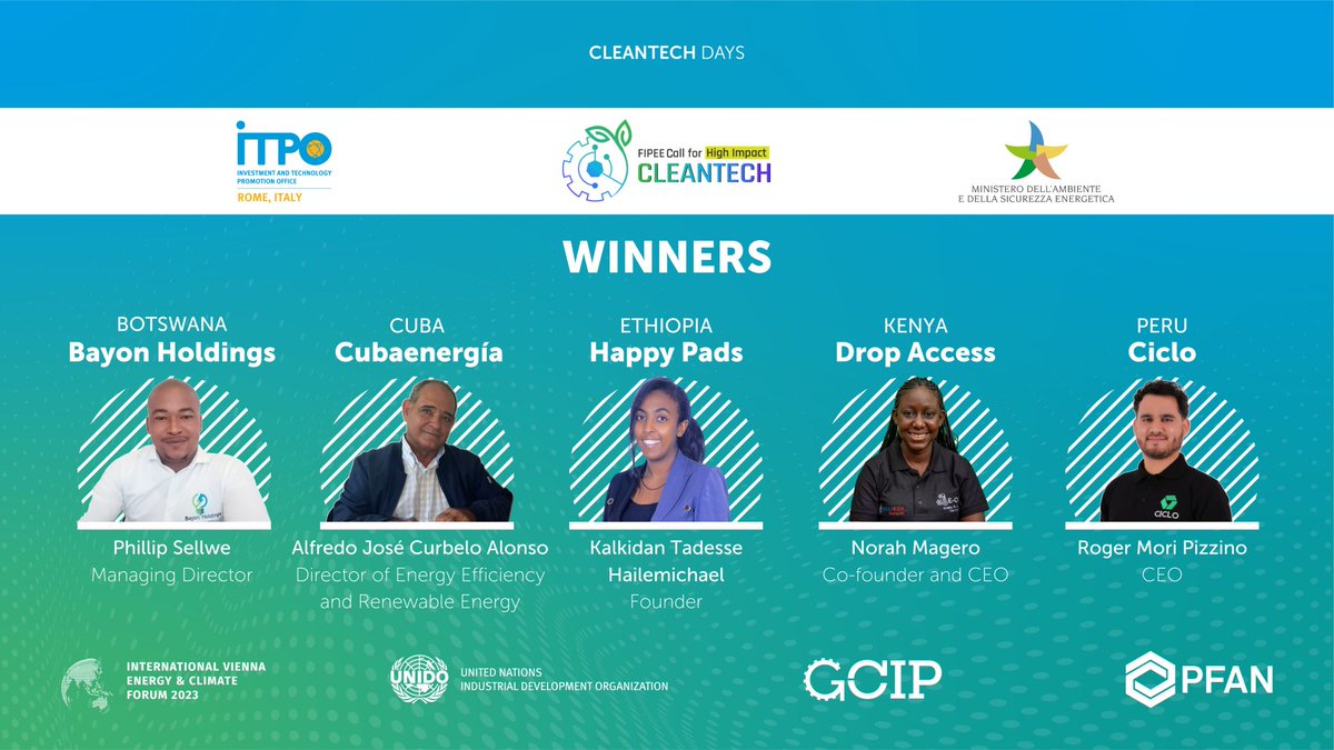 In 2021 we implemented the #FIPEE high impact #cleantech 4 months accelerator for @UNIDO  ITPO Italy in five countries Botswana, Cuba, Ethiopia, Kenya and Peru. 

🏆 The 5 Winners will be in Vienna  this week the #GCIP #CleantechDays and #IVECForum23 
@UNIDO #cleantech