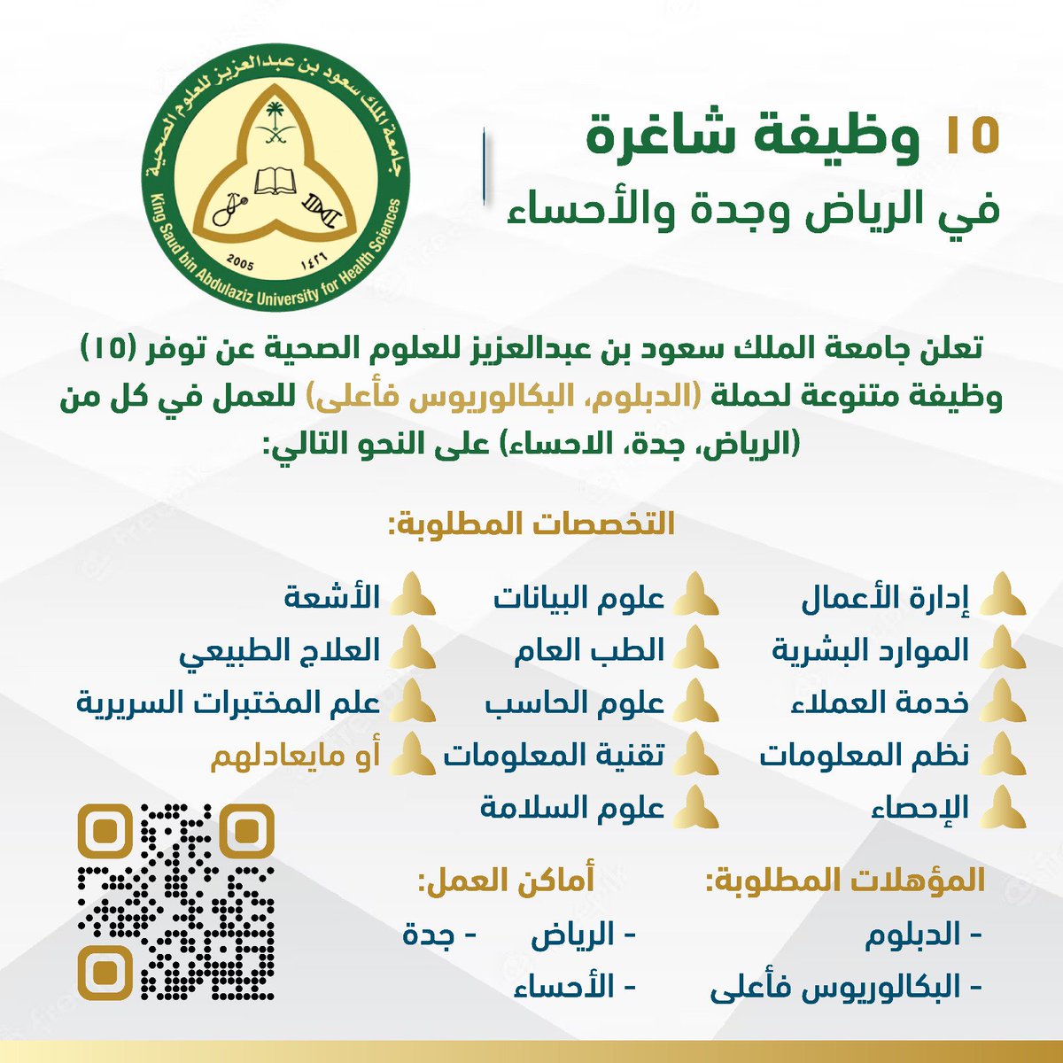🟢 التقديم متاح حالياً (للرجال والنساء):

تعلن #جامعة_الملك_سعود للعلوم الصحية عن طرح (15) وظيفة شاغرة متنوعة للرجال والنساء حملة الدبلوم والبكالوريوس فأعلى في مختلف التخصصات (الإدارية، التقنية، الهندسية، الصحية، العلوم، وغيرها).

التفاصيل: wadhefa.com/news/15759/

#وظائف