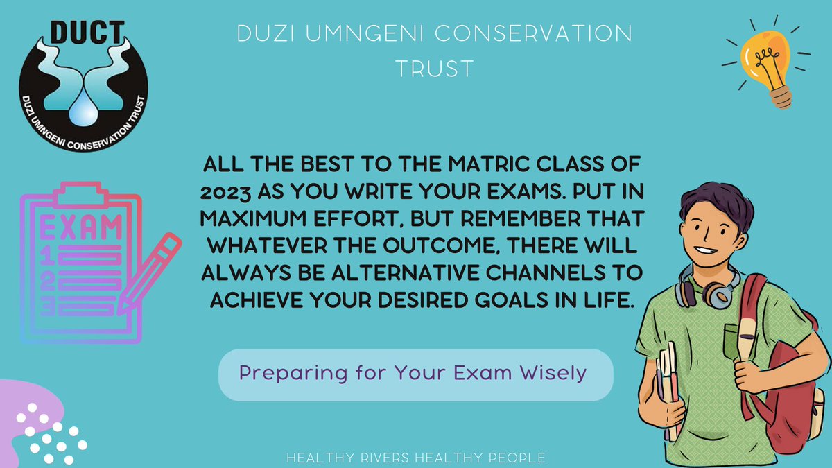 As Duzi Umngeni Conservation Trust we would like to wish all the Matriculants that will be starting their final exams today all the best. We trust that your preparations yield the best results.
Tip: Keep Calm, Pray and Get enough rest.
#matric2023 #duziumngeniconservationtrust