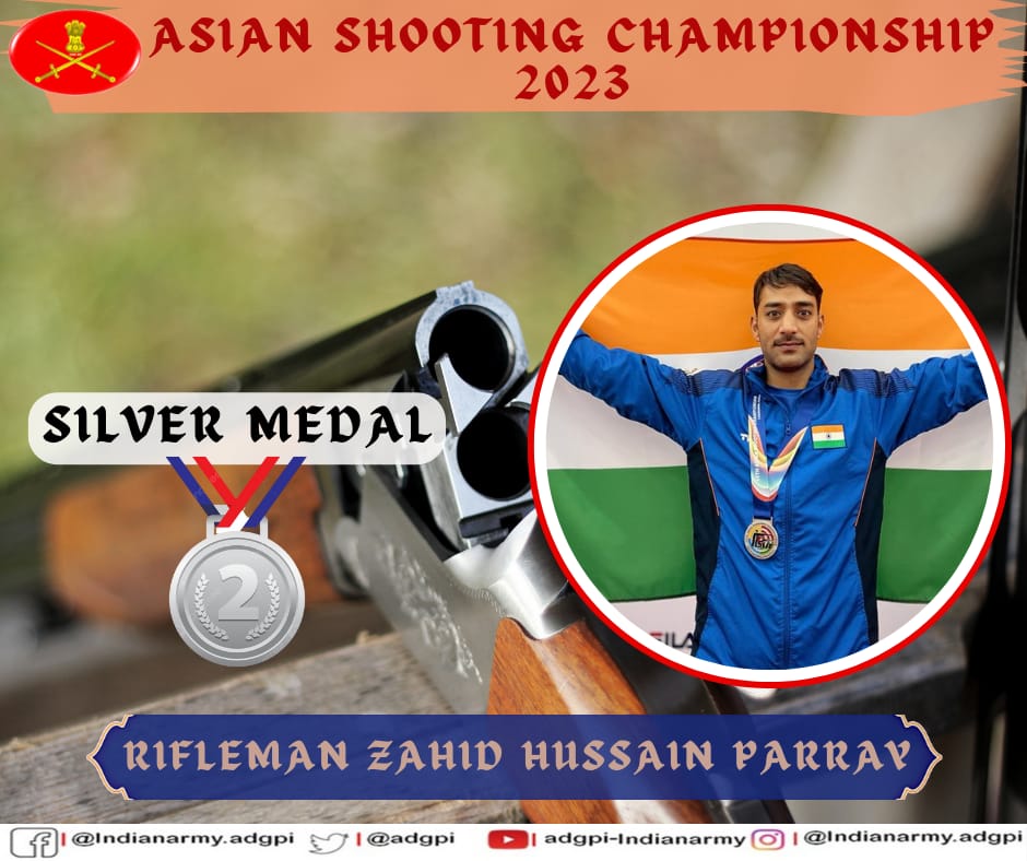 adgpi's tweet image. #Proud 

Rifleman Zahid Hussain Parray, won Silver Medal🥈 in the Men’s 50M Rifle Prone event in the 15th Asian Shooting Championship in Changwon, Korea and brought laurels to the #Nation.

#IndianArmy
#MissionOlympics