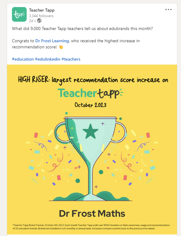 DrFrostMaths's tweet photo. Pleased to be the 'most improved edubrand' on @TeacherTapp this month! And just to be clear, our recommendation score and usage in the UK was already super high to begin with. 😁 https://t.co/Mz86b1ViI7