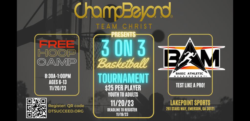 Join us for an exciting 3-on-3 Basketball Tournament and free youth hoop camp.

Get ready to showcase your skills on the court. In addition to the tournament and camp, BAM athletic combine testing will be available for those looking to take their game to the next level
