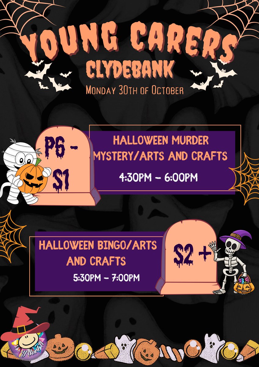 👻🎃 Get ready for a ghoulishly good time at Clydebank Young Carers' Halloween activities! ! P6-S1 peeps, your freaky festivities kick off from 4:30 to 6:00pm. S2 and above, your hauntingly hilarious happenings await from 5:30 to 7:00pm.#halloweenfun #youngcarers #clydebank 🧟‍♀️🕷️