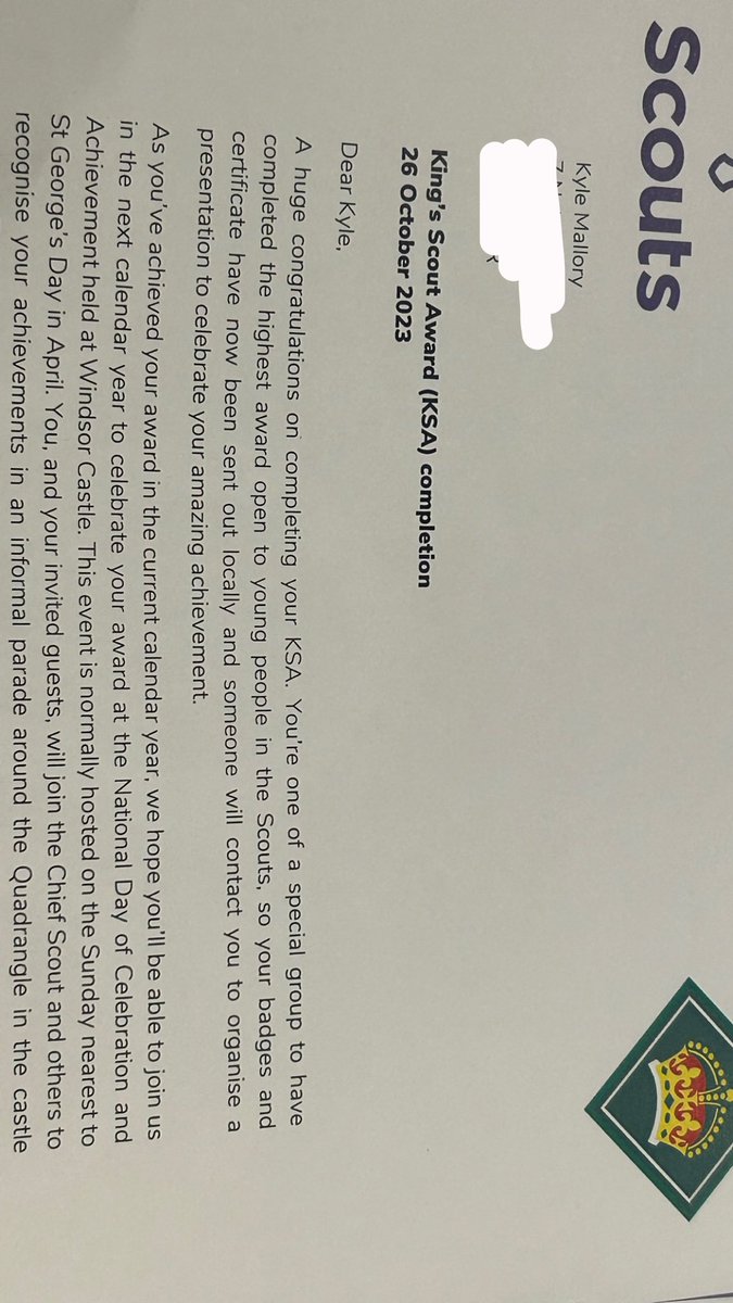 What a great late birthday letter from the <a href="/scouts/">Scouts</a>. Can now say that I am officially a King Scout 🥳🤩