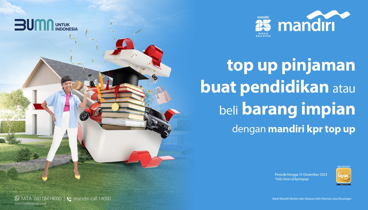 bankmandiri's tweet photo. Butuh biaya pendidikan atau mau beli barang impian? Top up limit #MandiriKPR aja! Ada bunga spesial 8,35% fixed 3 tahun, penambahan limit kredit s/d Rp15 miliar dan beragam benefit menarik lainnya.

Info lengkap, klik https://t.co/KtQWEH1dCb

#mandiripromo https://t.co/vx2Xffhn4p