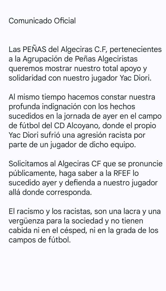 APAlgeciristas's tweet photo. Comunicado de las Peñas del @AlgecirasCF, en apoyo de @YDiori https://t.co/iaIqgeMqMV