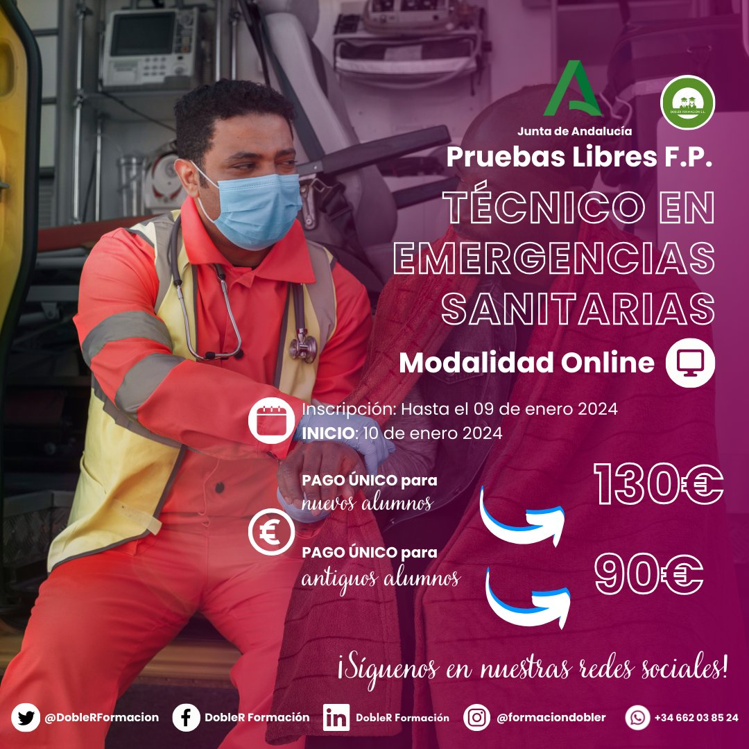 🚑| ¡Sé un héroe en emergencias! Con nuestro curso de Técnico en Emergencias Sanitarias, aprende protocolos de respuesta y atención de urgencias. OFERTA: 130€ para nuevos, 90€ para antiguos alumnos. ¡Inscríbete ya! #SalvaVidas #FormaciónOnline 💪👩‍⚕️