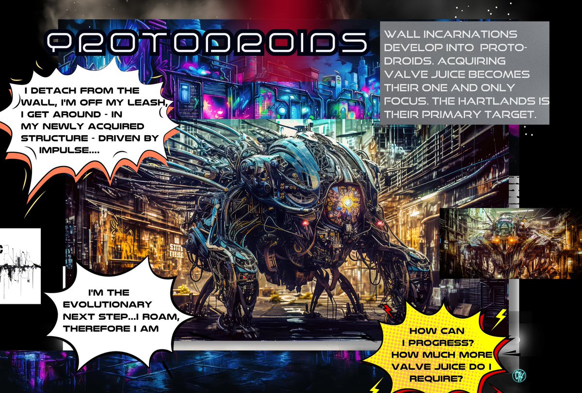 Wall Incarnations > Proto-droids > Skully Nation > Half Weights > Bionics. One step off the wall and we in the mix now. Progress, coz we still coming 🦾#HBARNFTs #ComicArt <a href="/cyberneticharts/">Cybernetic ℏarts</a>