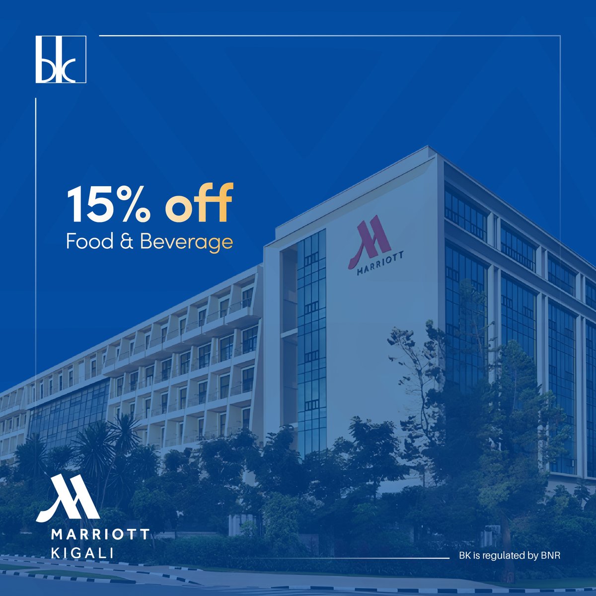 BankofKigali's tweet photo. Elevate your taste of luxury with your loved ones at @KigaliMarriott. Simply pay with your BK card and get a 15% discount on your food and beverage bill. https://t.co/eCP39PvJ1L