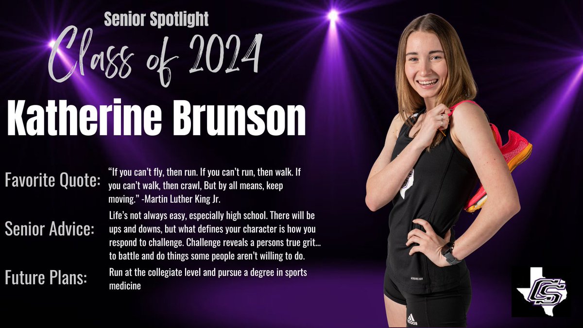 CSHS_Distance's tweet photo. ⭐️SENIOR SPOTLIGHT⭐️

Today we are recognizing Katherine... 4X State Qualifier, 2X All-Region, 1X All-State, and all time top 5 at CSHS! She's got one last trip around Old Settlers Park on Friday at State😈

"Confidence is quiet, insecurity is loud!"

#StepUpShowUp #ClassOf2024 https://t.co/yIKawZaZ7i