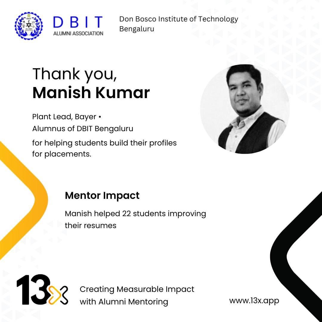 13xbyVaave's tweet photo. Meet Exceptional Alumni Mentor: Manish Kumar

We are proud to introduce you to an incredible mentor, Manish Kumar, who is an alumnus of Don Bosco Institute of Technology, Bengaluru. https://t.co/TkvbxUiXyT