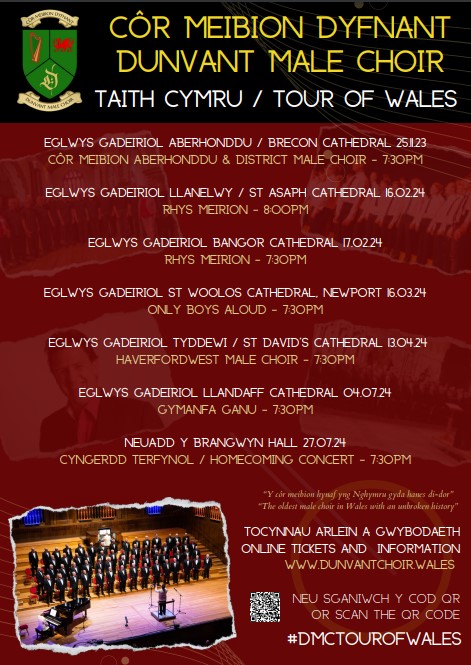 Papurau Bro (@papuraub) on Twitter photo Mae Côr Meibion Dyfnant yn teithio Cymru gan ganu mewn 6 eglwys gadeiriol o fis Tachwedd ymlaen. Cerwch i'w gwefan am fwy o wybodaeth dunvantchoir.wales neu sganiwch y cod QR ar y poster.
#DMCTOUROFWALES <a href="/dunvantchoir/">Dunvant Male Choir</a> Mae Côr Meibion Dyfnant yn teithio Cymru gan ganu mewn 6 eglwys gadeiriol o fis Tachwedd ymlaen. Cerwch i'w gwefan am fwy o wybodaeth dunvantchoir.wales neu sganiwch y cod QR ar y poster.
#DMCTOUROFWALES <a href="/dunvantchoir/">Dunvant Male Choir</a>