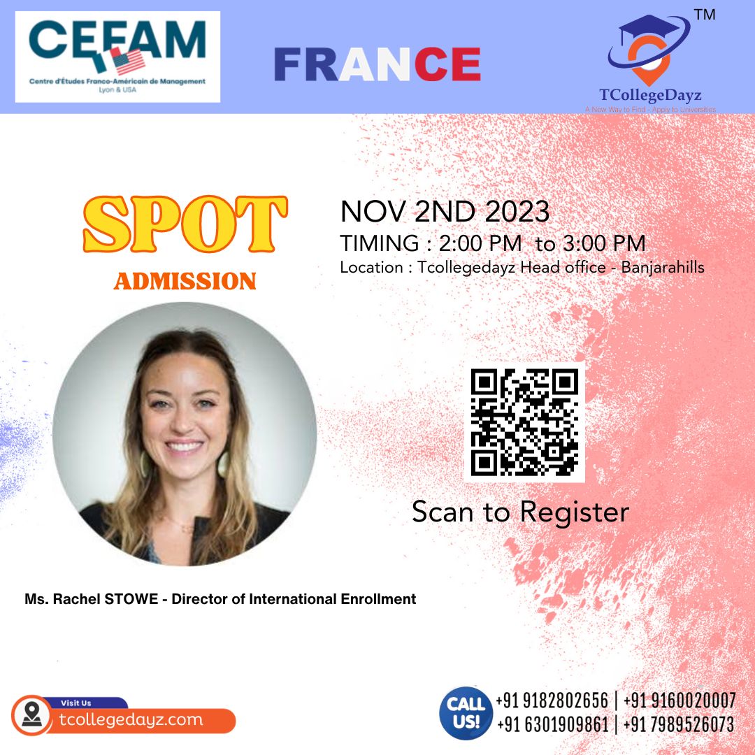 #StudyInFrance Spot Admission <a href="/CEFAM/">CEFAM</a> - Meet In person University representative <a href="/eventsHyd/">Hyderabad Events</a> Register at <a href="/TcollegedayZ/">TcollegedayZ</a>  website . 
tcollegedayz.com/event_details.…