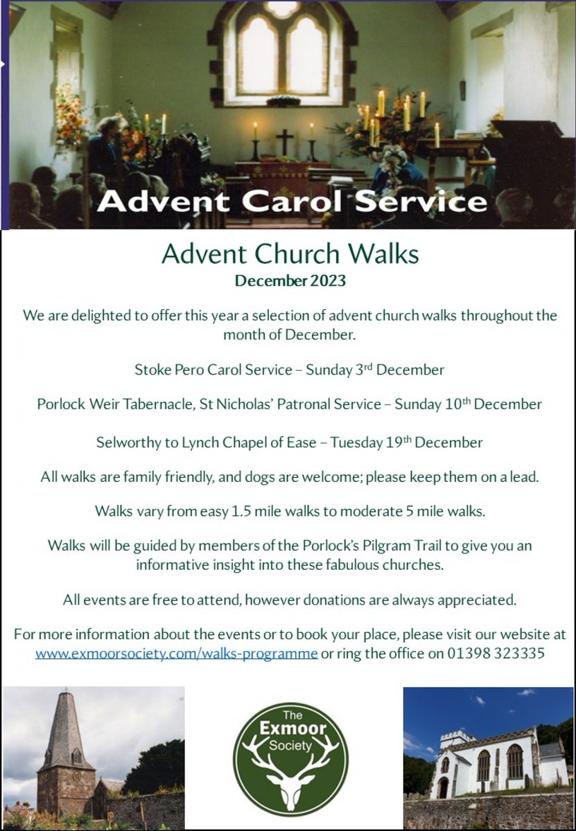 𝗔𝗱𝘃𝗲𝗻𝘁 𝘄𝗮𝗹𝗸𝘀 𝗰𝗼𝗺𝗶𝗻𝗴 𝘁𝗵𝗶𝘀 𝗗𝗲𝗰𝗲𝗺𝗯𝗲𝗿! Join @ExmoorSociety for their advent church walks throughout December. All walks are free, family-friendly and dogs are welcome! 🥾 Sunday 3rd Dec 🥾 Sunday 10th Dec 🥾 Tuesday 19th Dec