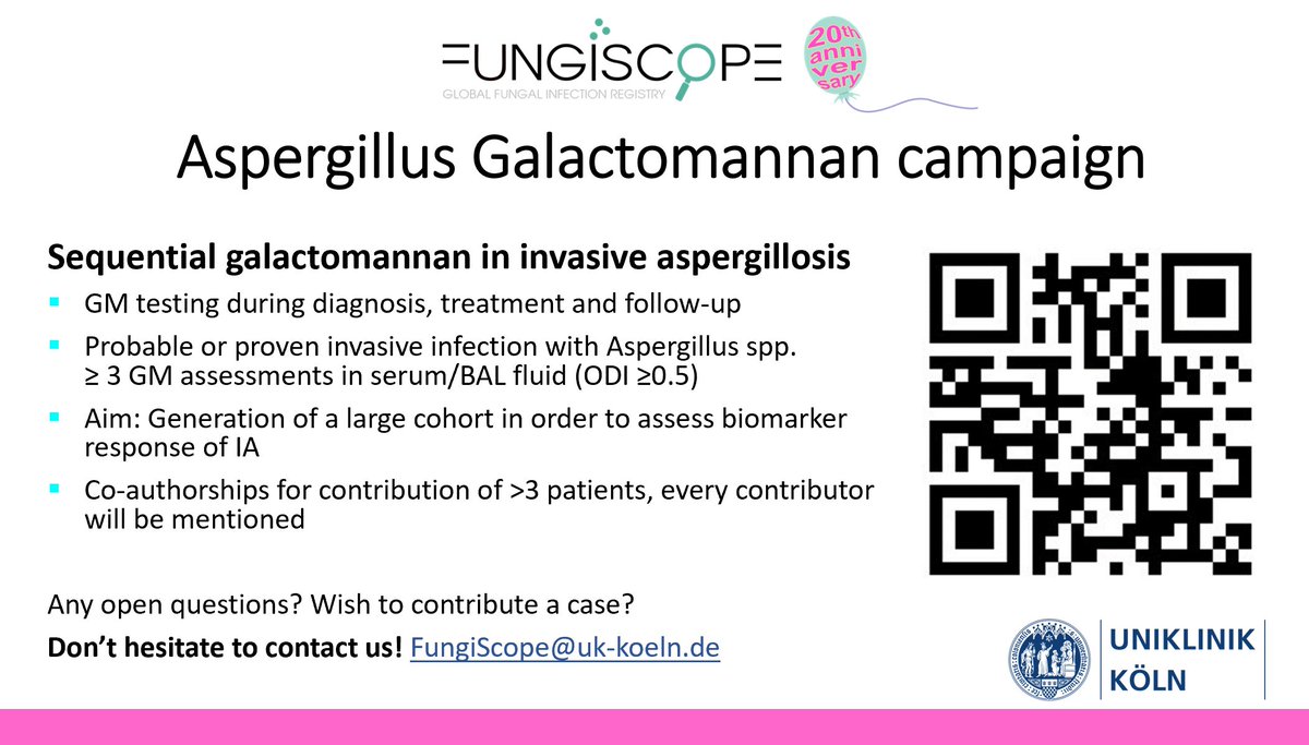 Dear #Fungal colleagues 🗺️! Have you treated invasive #aspergillosis 🏥 with sequential serum/BAL #galactomannan during treatment? Become part of our cohort 📰 on #biomarker response of #IA. #IFI #FungalInfections @eurconfmedmycol @ISHAM_Mycology @UniCologne @UKKoeln RT!