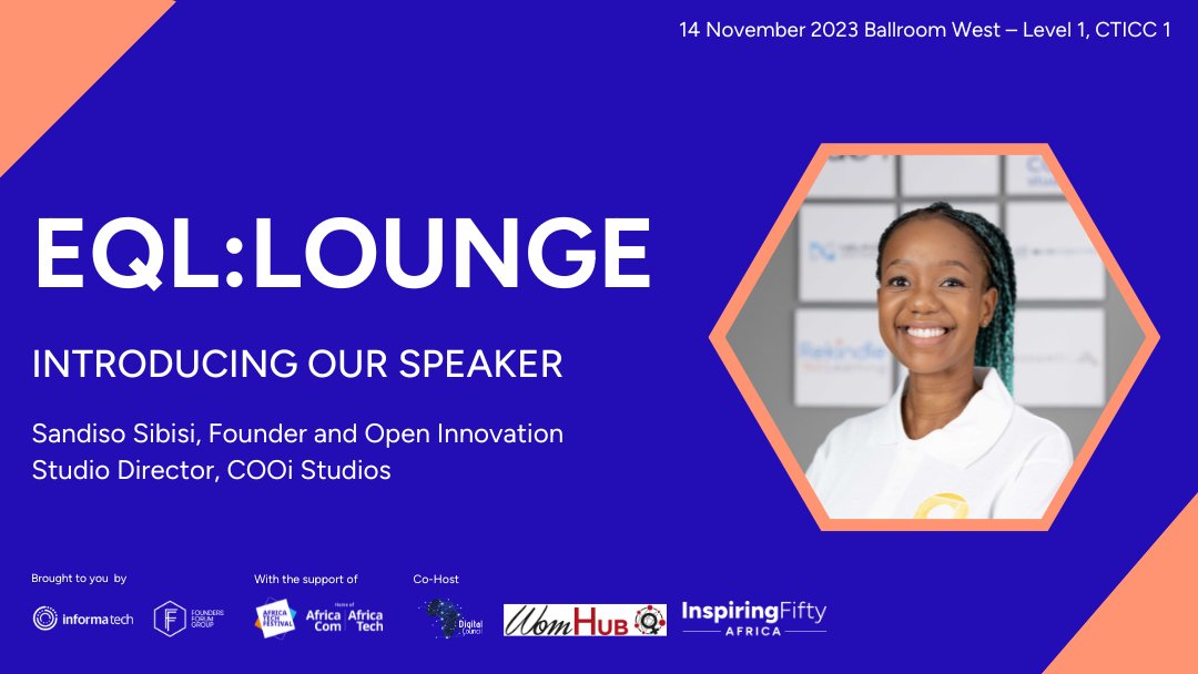 EQL:HER (@eqlher) on Twitter photo Introducing our EQL:LOUNGE speaker <a href="/sandisosibisi/">Sandiso Sibisi</a>, Open Innovation Studio Director, <a href="/COOiStudios/">cooistudios</a> 🎉
Join Sandiso for her Keynote Address: From Ideation to Commercialisation on 14th November 10:05 AM – 10:20 AM at <a href="/africatechfest/">Africa Tech Festival</a> 🎤
Register here spr.ly/6019uceuV 👈 Introducing our EQL:LOUNGE speaker <a href="/sandisosibisi/">Sandiso Sibisi</a>, Open Innovation Studio Director, <a href="/COOiStudios/">cooistudios</a> 🎉
Join Sandiso for her Keynote Address: From Ideation to Commercialisation on 14th November 10:05 AM – 10:20 AM at <a href="/africatechfest/">Africa Tech Festival</a> 🎤
Register here spr.ly/6019uceuV 👈