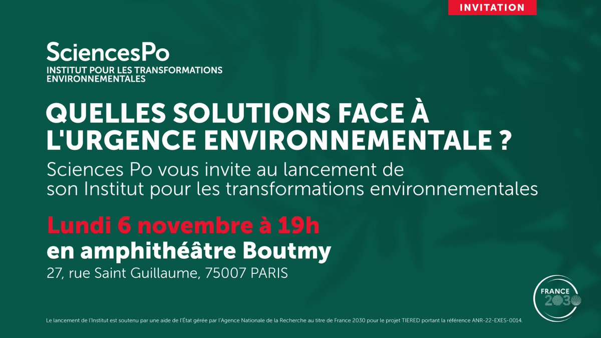 Quelles solutions face à l’urgence environnementale ? RDV le 6/11 pour le lancement de notre Institut pour les transformations environnementales.
Participez à la réflexion et à l'action avec <a href="/JouzelJean/">Jean Jouzel</a> <a href="/dominique_meda/">Méda Dominique @dominiquemeda.bsky.social</a> <a href="/CamilleEtienne_/">CamilleEtienne</a> <a href="/hugoclement/">Hugo Clément</a>  ➡️ sciencespo.fr/fr/evenements/…