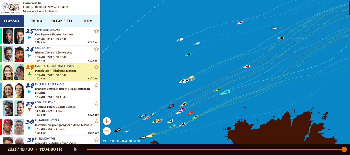 #cappourelles <a href="/clelieVG/">ValerieClélie G.</a>  <a href="/ENGIEgroup/">ENGIE</a> , un beau début de course pour Pamela et Tiphaine , malgré des conditions difficiles et déjà un bon lot d'avaries pour certains concurrents. 
transat-jacques-vabre.geovoile.com/2023/tracker/