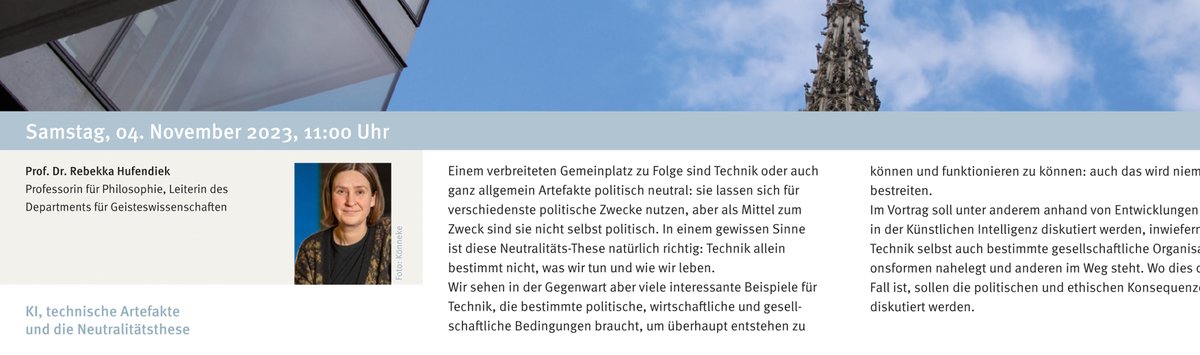 Wissen erleben – Ulmer Universitätsgesellschaft lädt zu Vorträgen
Los gehts am Samstag, 4. November, mit „KI, technische Artefakte und die Neutralitätsthese“ von Prof. Rebekka Hufendiek  in der Sparkasse Neue Mitte, 11:00 Uhr. Eintritt frei! 🆓uni-ulm.de/home/uni-aktue… *stg #uulm