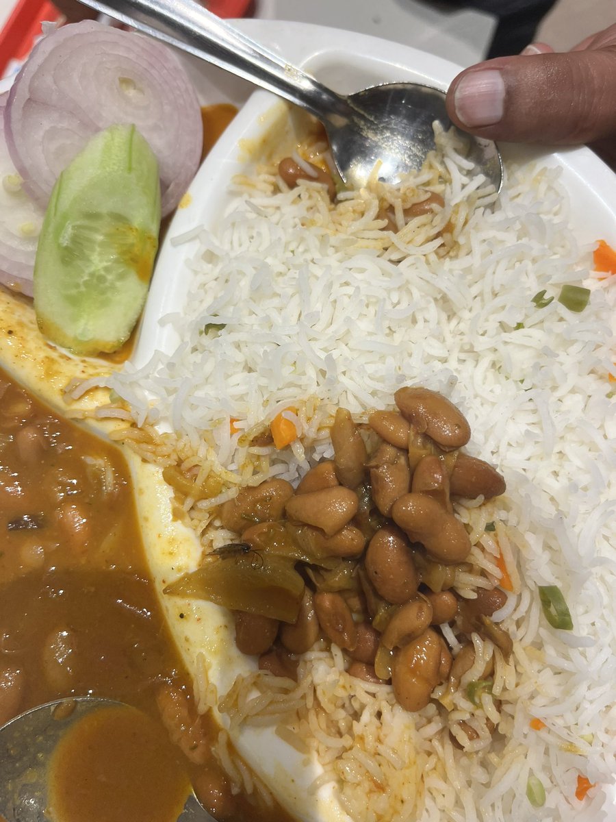 srthk0111's tweet photo. @BikanervalaIN  
So this is the hospitality of your restaurant in khanna branch which is on the highway 
I ordered rajma rice 
Chole bhature 
Vada sambar 
And the first thing they served is rajma rice 
With a complimentary cockroach in it https://t.co/A4HdNK0vTb