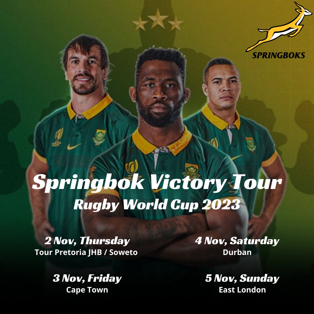 Get ready to celebrate our champions! Victory tour dates.

#Springbokke #RugbyWorldChampions #RWC2023 #VictoryTour #amambokoboko