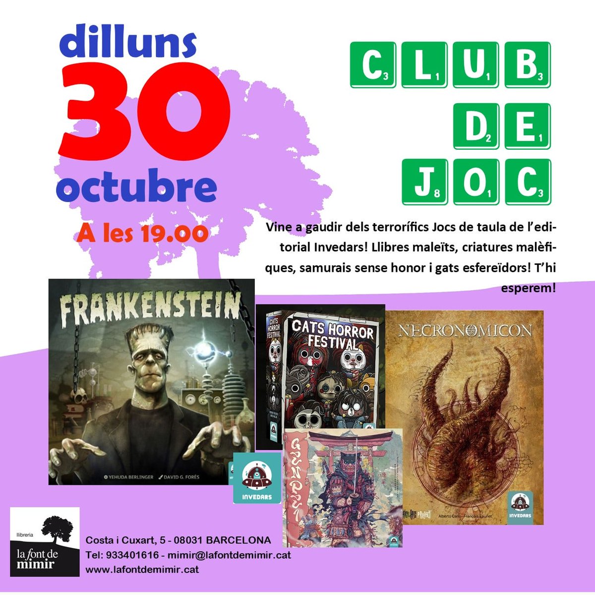 Avui, a les 19h, torna el Club de Joc! Et convidem a provar els terrorífics jocs de l'editorial <a href="/invedars/">Invedars</a> 🎃

🤩Llibres maleïts, criatures malèfiques, samurais sense honor i gats esfereïdors! 🧛

👉🏼Una activitat gratuïta i oberta per tothom! 
Us hi esperem!