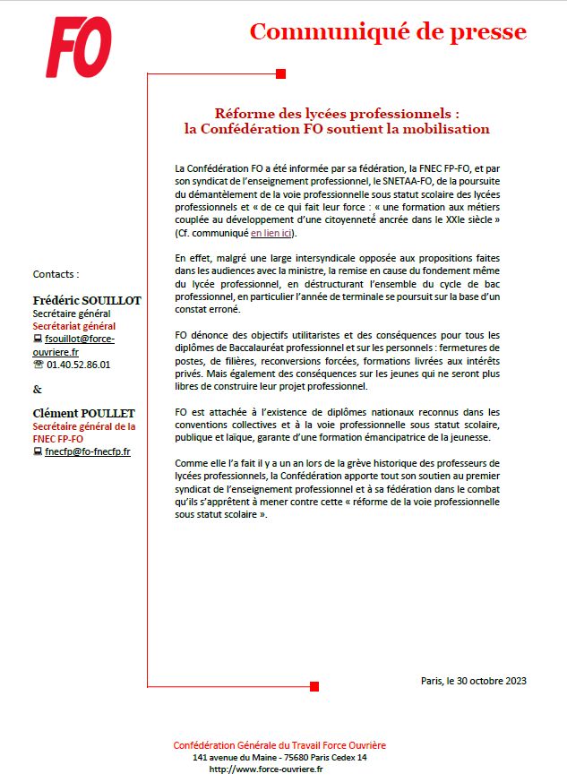 force_ouvriere's tweet photo. [#Communiqué FO] Réforme des lycées professionnels : la Confédération FO soutient la mobilisation. ⬇️ https://t.co/ORLRHgE9yc