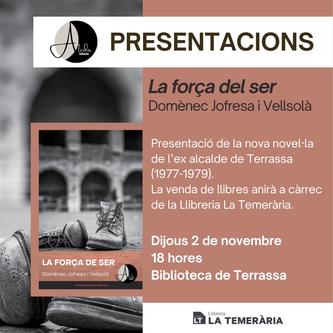 #PublicacionsAledis 🥾La nova novel·la de l'ex alcalde de Terrassa, Domènec Jofresa i Vellsolà! 📅Dijous 2 de novembre ⏰A les 18 h 📍Biblioteca de Terrassa La venda de llibres anirà a càrrec de la llibreria La Temerària!📖
