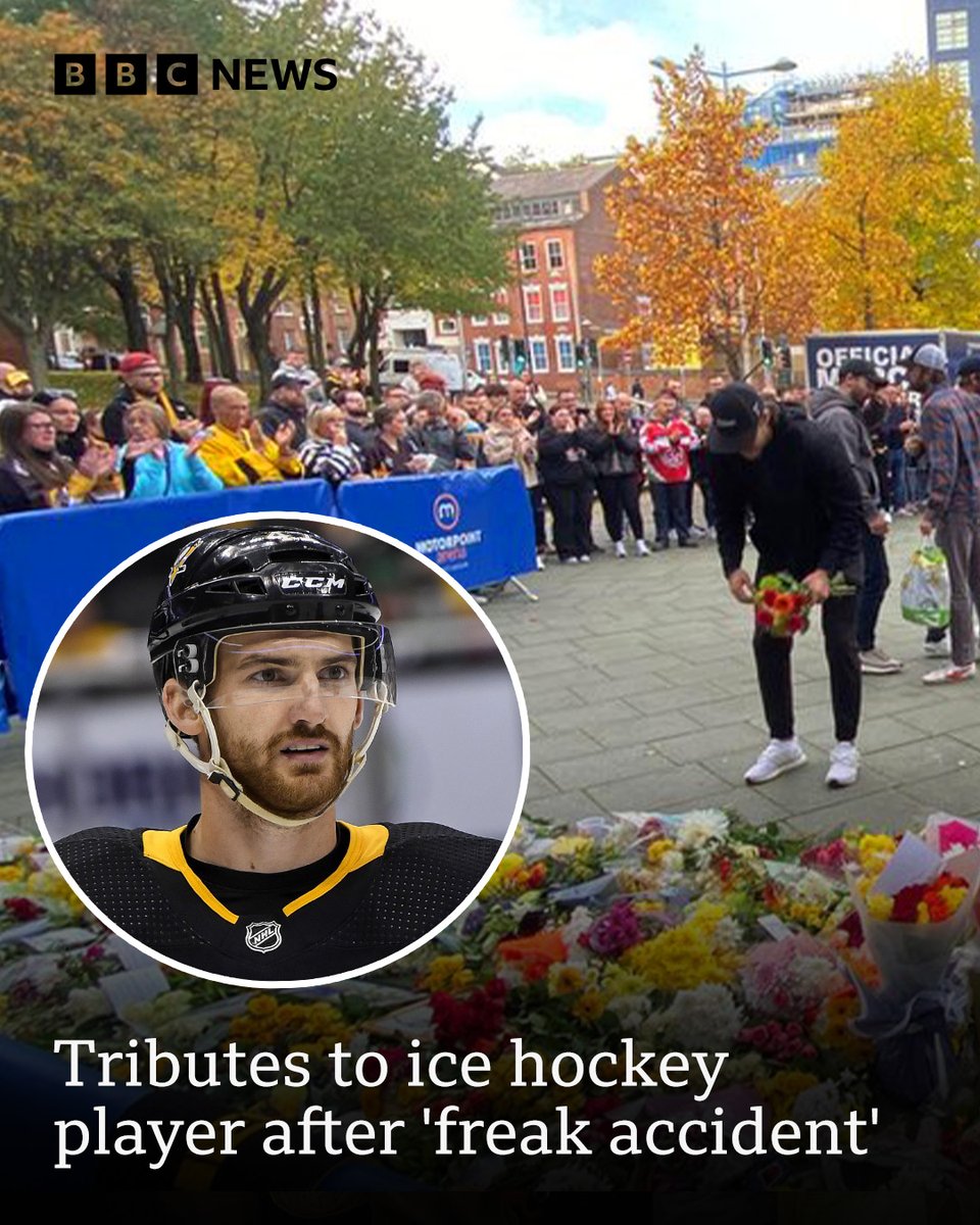 An emotional moment as Adam Johnson's Panthers teammates joined fans in paying respects at the Motorpoint arena ❤️ Read more: bbc.in/47bL3Rg