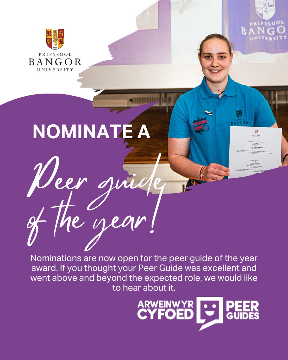 Nominations for 'Peer Guide of the Year' are officially open! 🌟🎉 We're excited to welcome nominations from all 1st year undergraduates, postgraduates, and staff members. It's your time to express your appreciation: bangor.onlinesurveys.ac.uk/peer-guide-of-…