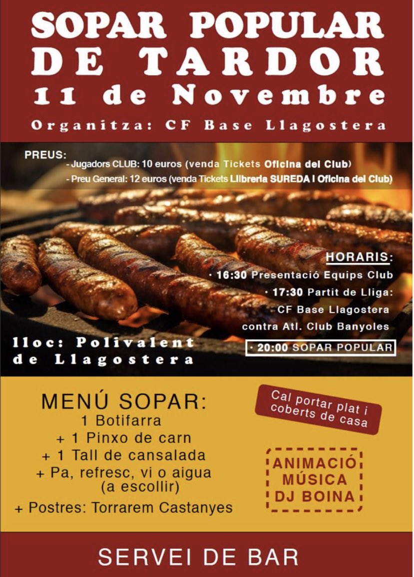 Gent del Base, apunteu-vos la data!
11 de novembre, gran dia del sopar de tardor del club! 
Acte de presentació dels equips, sopar del club i la gran festa posterior! Amb servei de bar durant tota la tarda.
Reserveu-vos la tarda del dia 11 de novembre, que la liarem grossa!