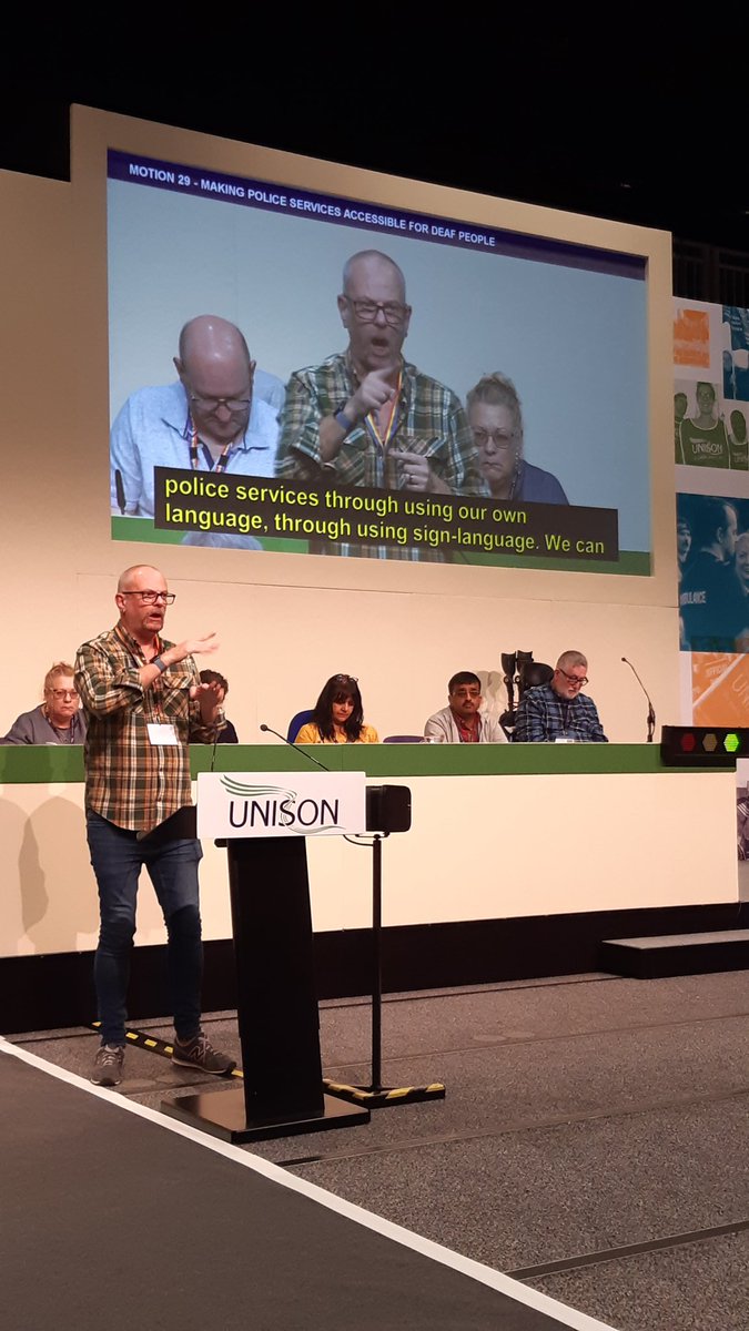 Neil Ridley from UNISON'S Deaf Caucus calls for police services that are fully accessible to British Sign Language users. #UDMC23 <a href="/unisontheunion/">UNISON - UK's largest union</a>