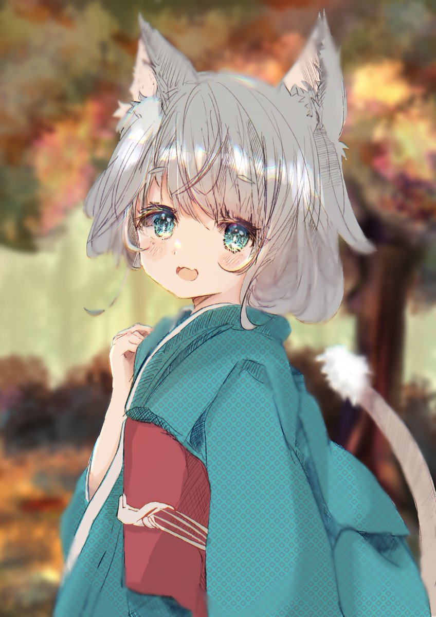 1girl animal ears japanese clothes tail solo kimono cat tail  illustration images