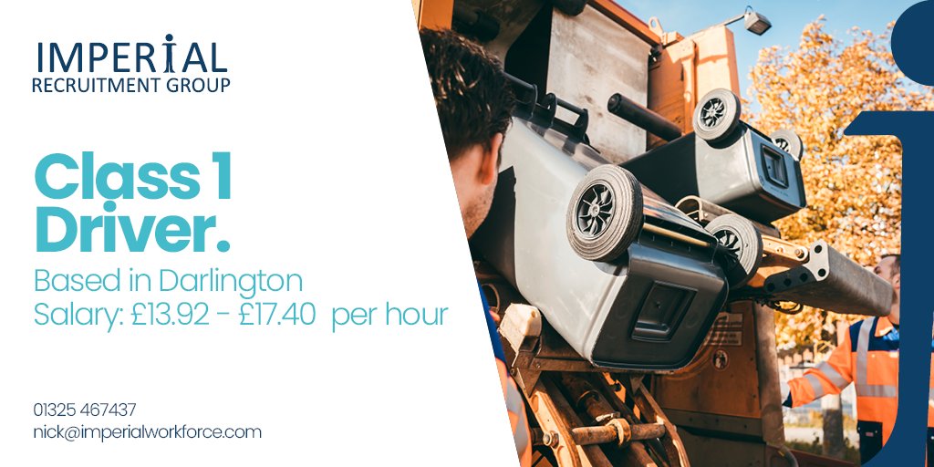 Imperial Drivers are recruiting Class 1 Driver for their client based in Darlington. The client requires a minimum of 12 months experience of driving class 1 vehicles. Drivers with tipping experience would be advantageous but not essential.

01325467437
nick@imperialworkforce.com