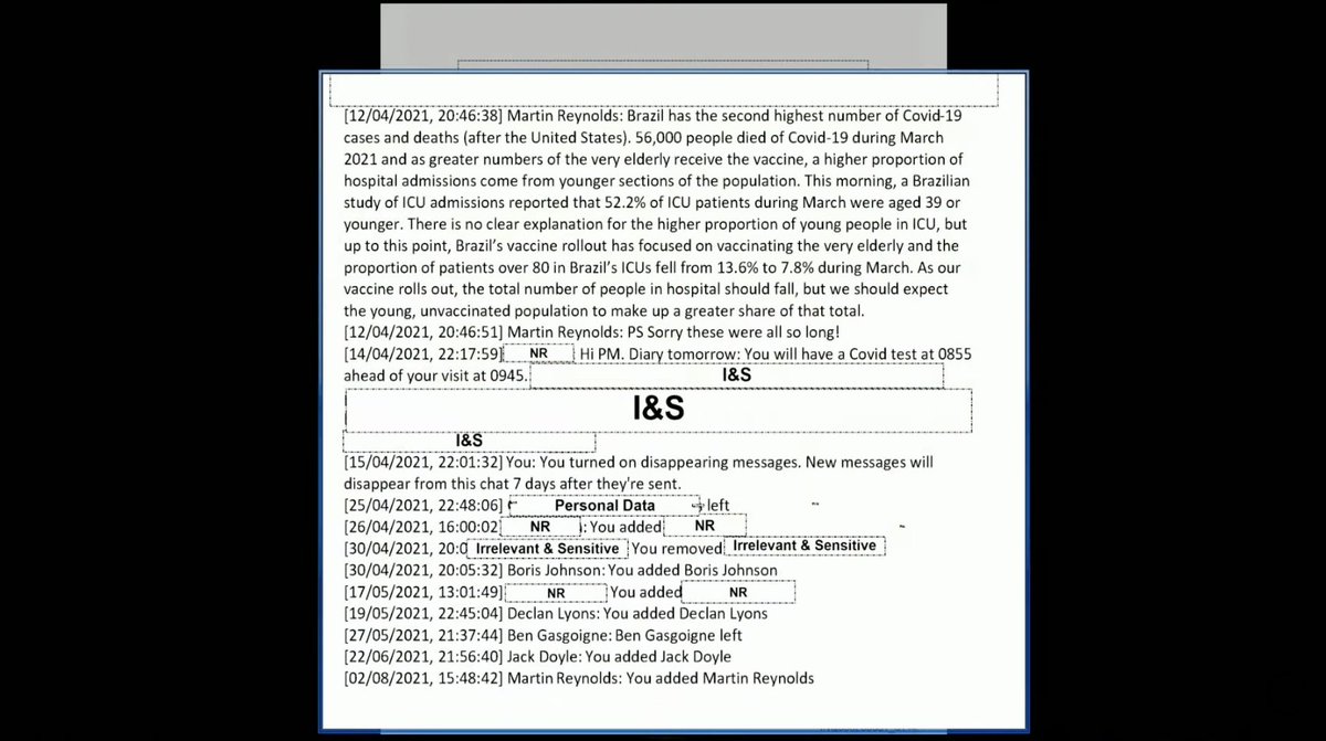 AdamBienkov's tweet photo. Two weeks before Boris Johnson announced the Covid Inquiry, his Principal Private Secretary Martin Reynolds turned on the disappearing messages function on his WhatsApp group with the Prime Minister and senior officials.
Reynolds claims he "cannot recall" why he did so. https://t.co/T5axWPmZbl
