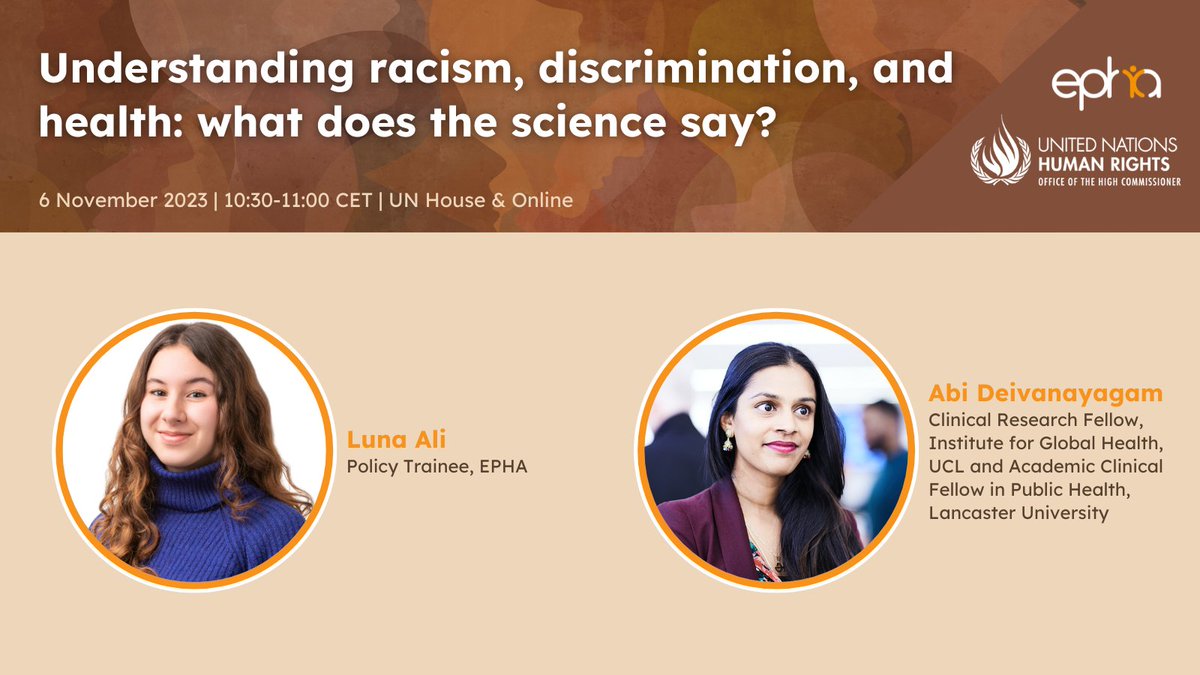 The European Public Health Alliance (EPHA) (@epha_eu) on Twitter photo Join us for the first session on: Understanding racism, discrimination, and health: what does the science say?
With <a href="/AbiDeivo/">Abi Deivanayagam she/her</a> and Luna Ali of <a href="/EPHA_EU/">The European Public Health Alliance (EPHA)</a>
Monday 6th November
10:00-16:30 CET
Register now at epha.org/events/racism-… Join us for the first session on: Understanding racism, discrimination, and health: what does the science say?
With <a href="/AbiDeivo/">Abi Deivanayagam she/her</a> and Luna Ali of <a href="/EPHA_EU/">The European Public Health Alliance (EPHA)</a>
Monday 6th November
10:00-16:30 CET
Register now at epha.org/events/racism-…