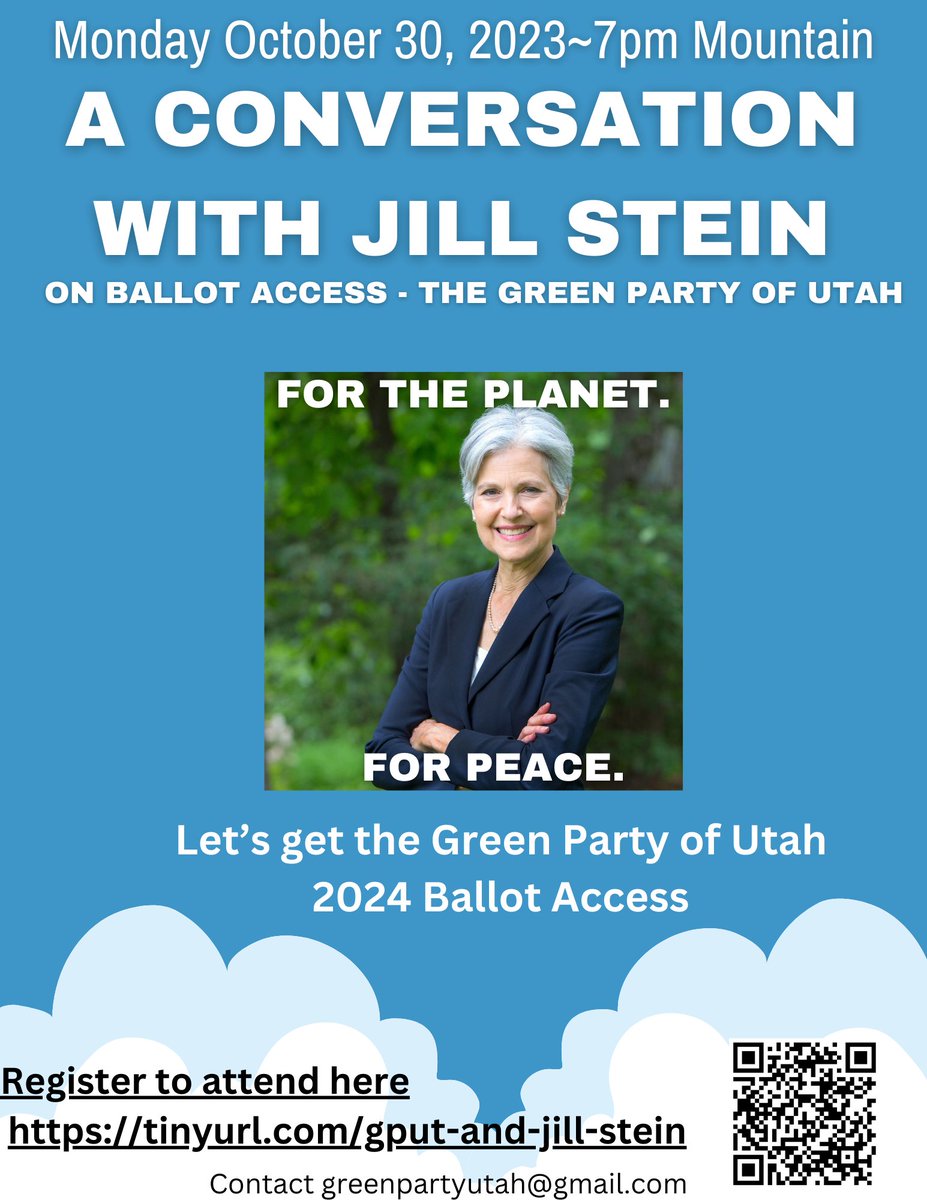 The Green Party of Utah will be hosting a conversation with Jill Stein on Monday, October 30 at 7pm Mountain time. Join us for an engaging discussion on ballot access.  Help the Green Party of Utah get ballot access so we can vote Green in 2024!  ##greenpartyutah #utah