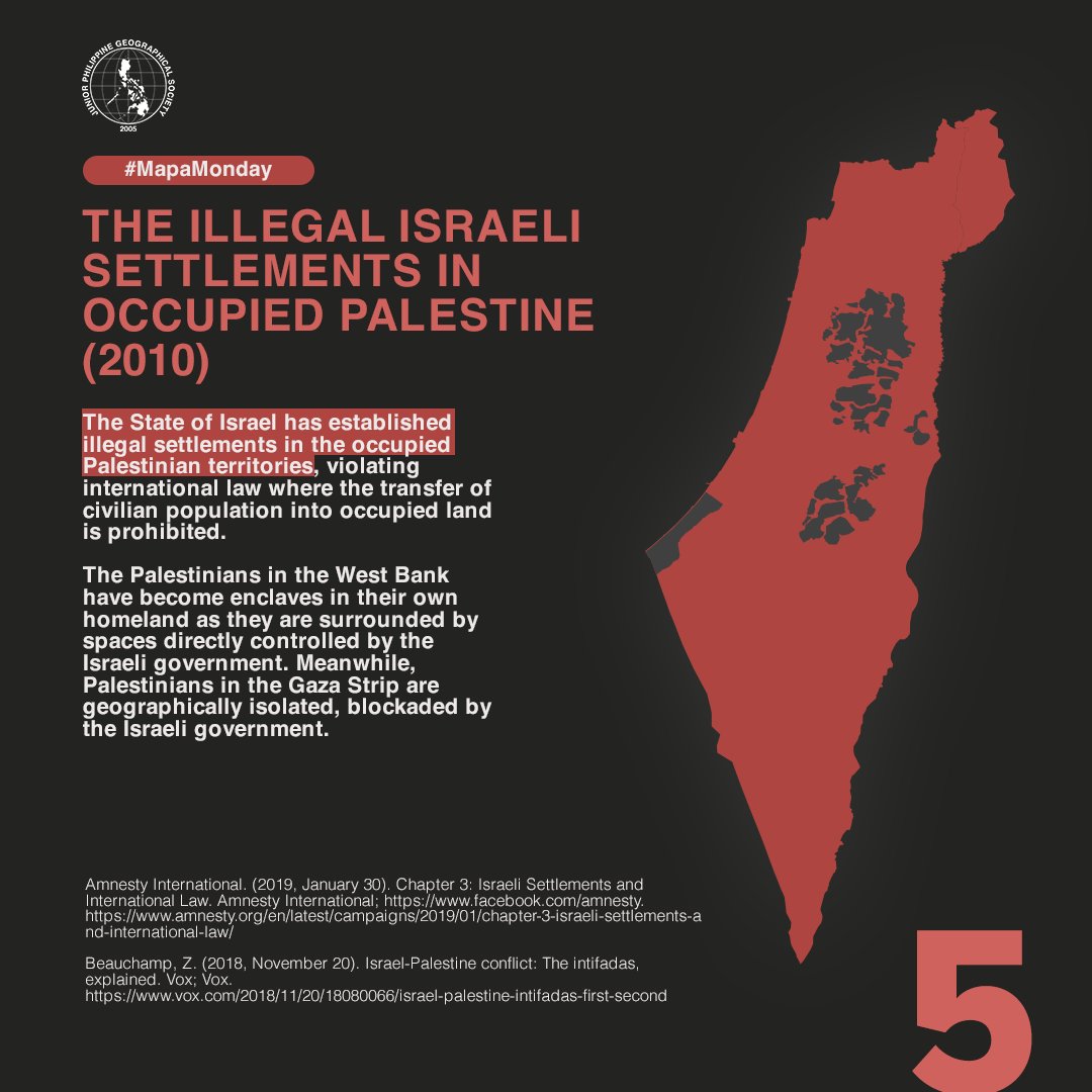 The State of Israel has established illegal settlements in the occupied Palestinian territories, violating international law where the transfer of civilian population into occupied land is prohibited. West Bank Palestinians live in enclaves while Gazans are blockaded.

6/7