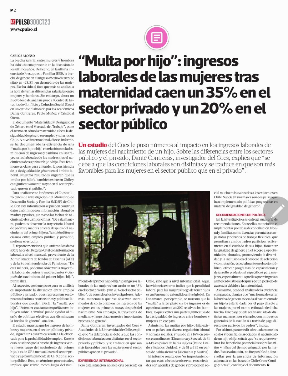 “Multa por hijo/a”: ingresos laborales de mujeres tras maternidad caen un 35% en sector privado y un 20% en sector público, el estudio de <a href="/CentroCOES/">COES</a> que tuvimos el honor de presentar junto a su autor, Dante Contreras, en <a href="/OITconosur/">OIT ConoSur</a> 

HOY en <a href="/latercera/">La Tercera</a>
latercera.com/pulso/noticia/…