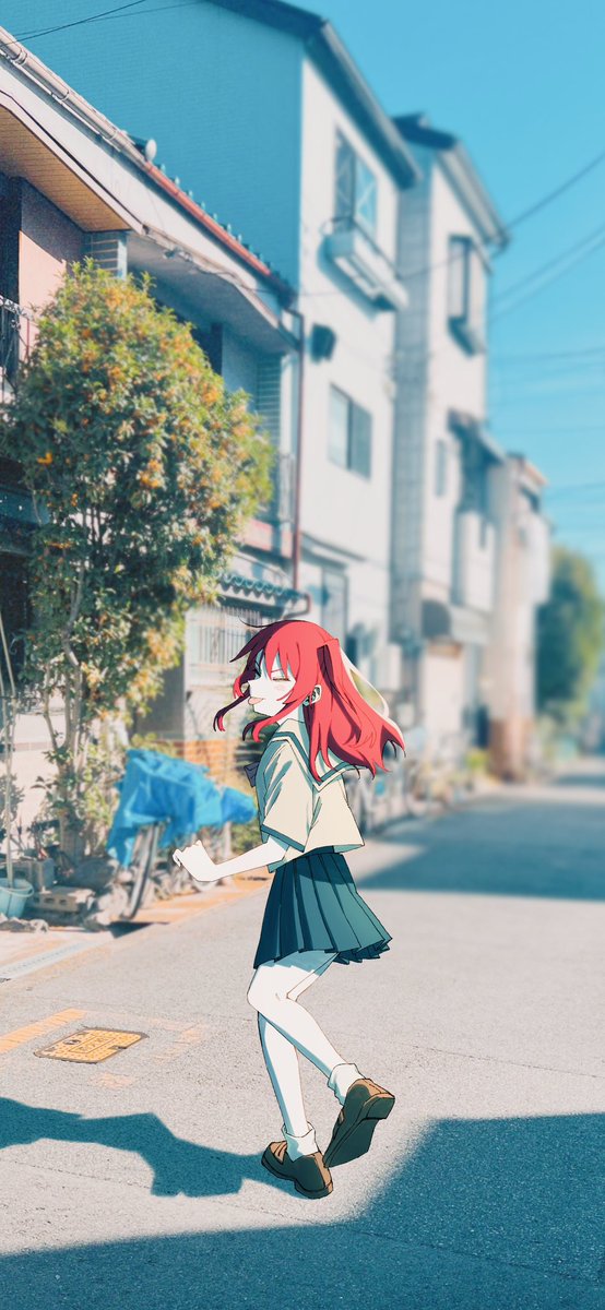 outdoors 1girl skirt school uniform red hair photo background serafuku  illustration images