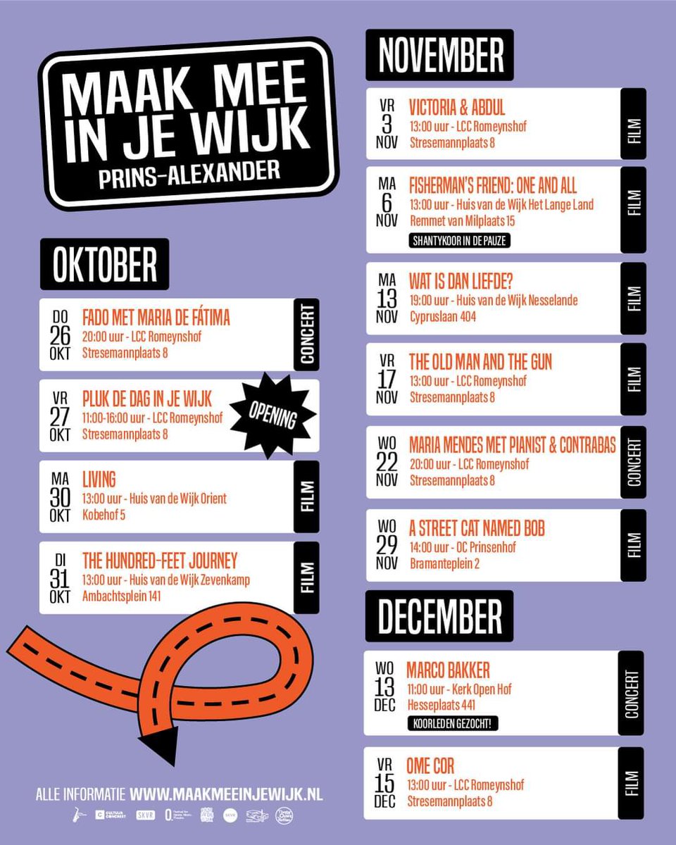 Het is weer tijd voor Maak Mee In Je Wijk in Prins Alexander! Je kunt vanmiddag om 13.30 nog naar de film ‘Living’ in de Oriënt (Kobehof 5), naar een kerstconcert van Marco Bakker via Stichting Open Hof Muziek en verschillende films via Film in de Wijk. Toegang is gratis!