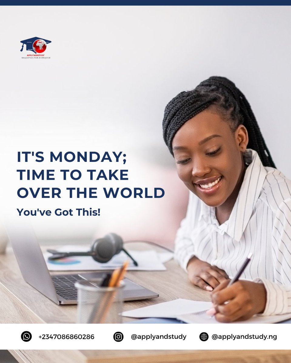 applyandstudy's tweet photo. ๐ Happy Monday dear world-changers who don't relent.
It is another week to rise, shine and take over the world. Rooting for you. โค๏ธ
#applyandstudy #mondaymotivation #mondaymood https://t.co/qyoNuyQ4Rp