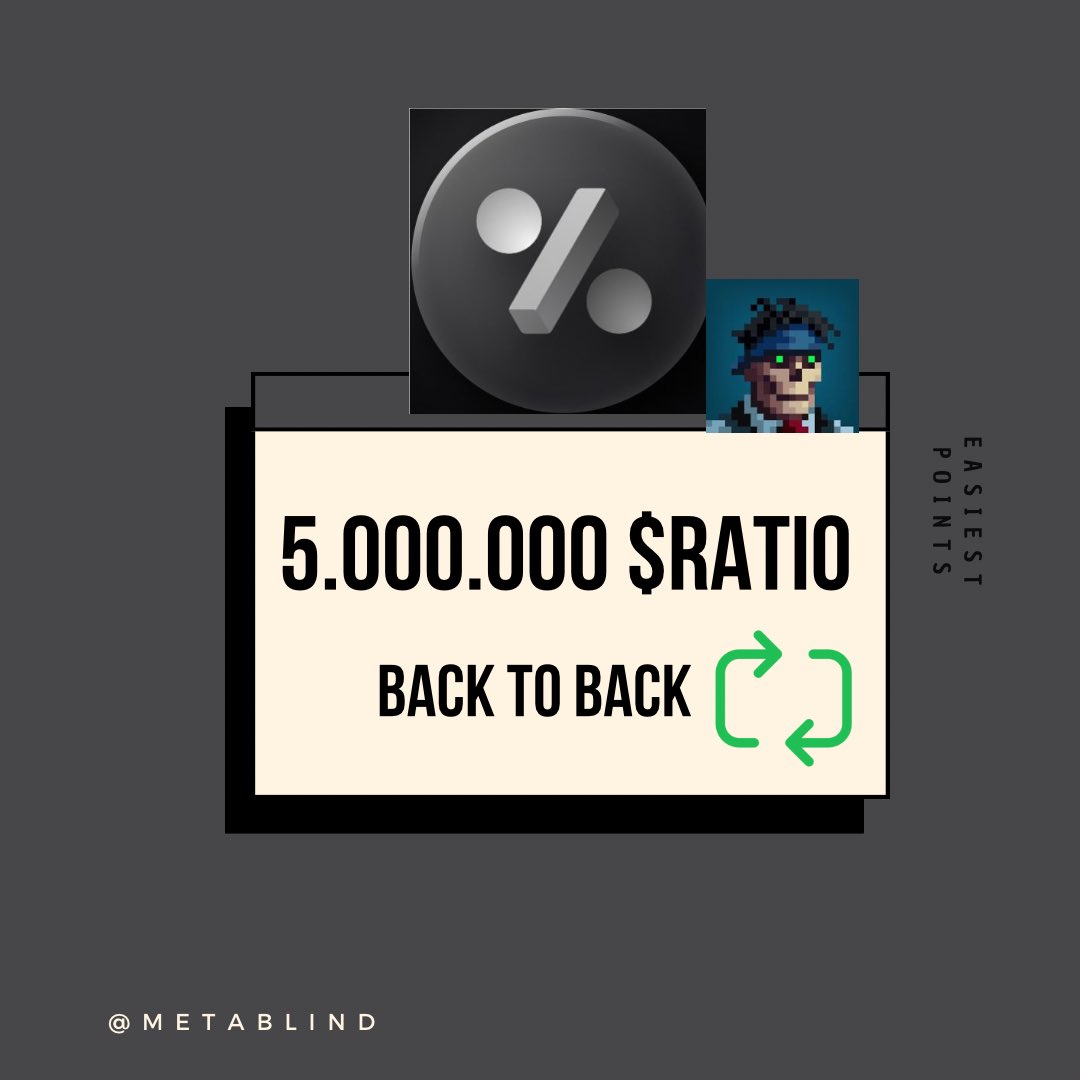 WENT FROM 0 TO 20M $RATIO POINTS ♻️ 

Here’s how: 🫵

♻️ QUOTE with $RATIO, I’ll quote you BACK

♻️ COMMENT with $RATIO, I’ll $RATIO you BACK

♻️ FOLLOW <a href="/Seymirel/">Seymirel</a>, <a href="/Crypto4bailout/">🥞C4B Freedom🥞</a>, <a href="/NFTNURI/">NFTNURI | NuriGems</a> &amp; <a href="/MetaBlind/">BLIND 🌍</a>, We’ll follow you BACK 
 
♻️ I SUPPORT EVERYONE 

 → All steps = 5.000.000
