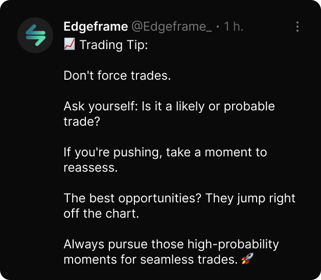Edgeframe_'s tweet photo. A glimpse into smart trading practices. In a world where the rush can blur the lines, it's essential to remain discerning and patient.
Wait for the right moment, and let the chart speak to you. ๐โจ #TradingTip #HighProbabilityTrading
#Crypto #NFTs #Web3 #Bitcoin https://t.co/4DcgecYmMo