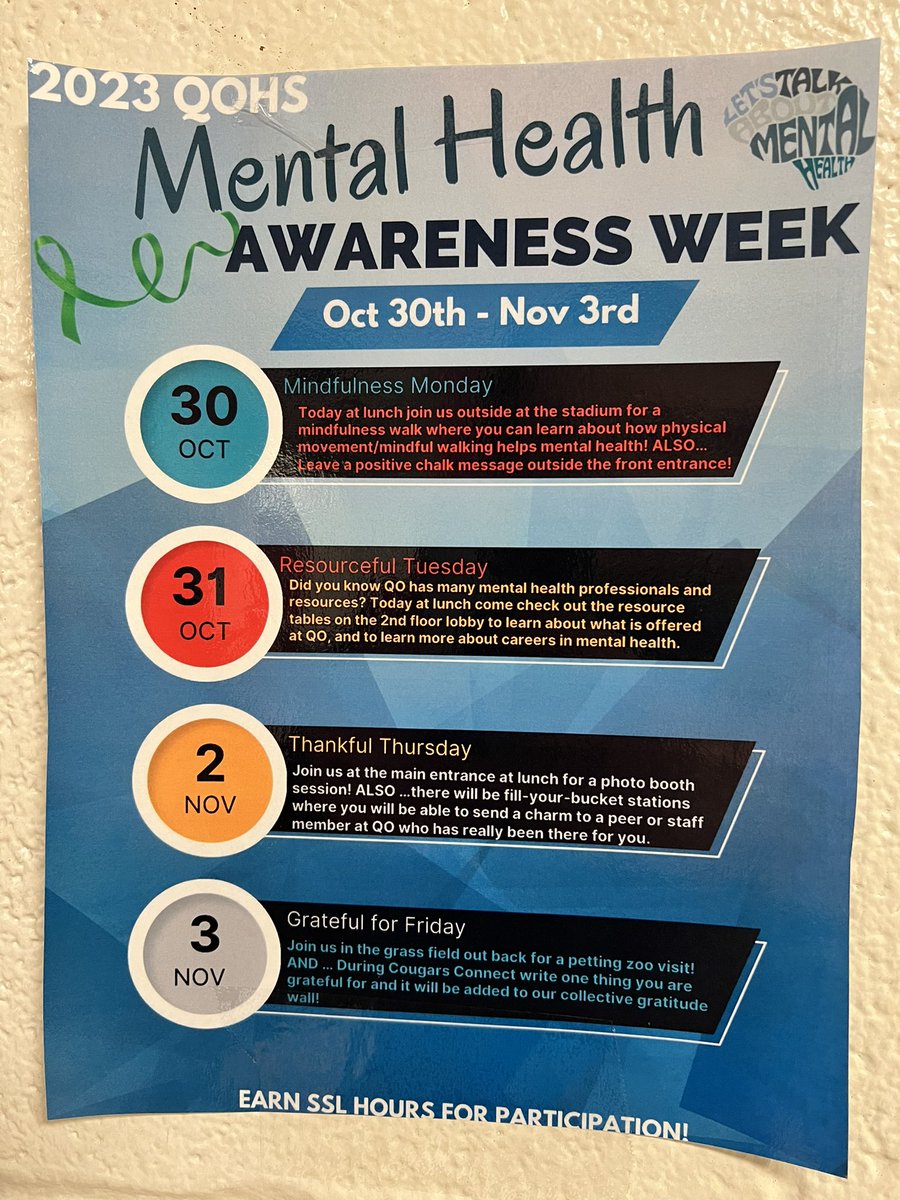 Check out the Mental Health Awareness activities at QO this week! #yourmindmatters @QOHSPrin_Thomas @QOHSCounseling @QOHS_AP @AshAshman_AP @yarborop2 @QOAP_KJ @CougarMinds