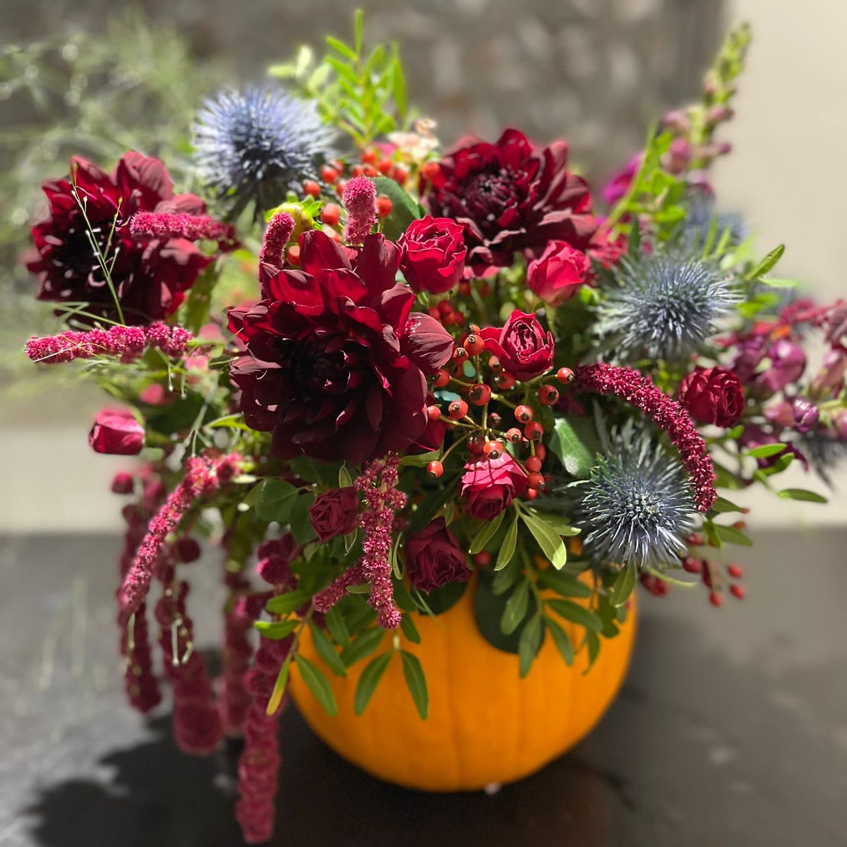 Definitely not made to scare anyone off (although be careful not to touch those thistles!). Pumpkin carving, the florist way! 🎃

#FloralPumpkins #PumpkinArrangement #Halloween #MoutanFlowers #Odiham #Farnham #HartleyWintney