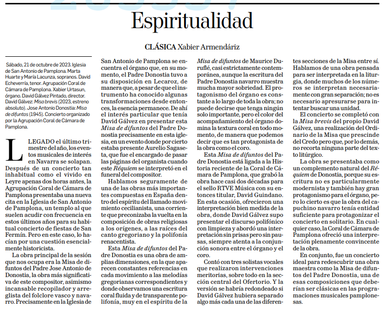 CoralPamplona's tweet photo. 🗣️Crítica de @XabierArmendriz  para
@DiariodeNavarra
𝗔𝗶𝘁𝗮 𝗗𝗼𝗻𝗼𝘀𝘁𝗶𝗮, 𝗝𝗼𝗿𝗴𝗲 𝗢𝘁𝗲𝗶𝘇𝗮. 𝗣𝗮𝗶𝘀𝗮𝗷𝗲 𝘀𝗼𝗻𝗼𝗿𝗼 La Coral. 21/10 #Pamplona.  Programa dedicado a la figura de Aita Donostia, junto al estreno absoluto de  Missa Brevis de @galvezpintado
➕👇 https://t.co/yy5u8nuFcg